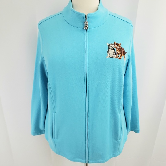 Quacker Factory Jackets & Blazers - Quacker Factory Zip-Front Kitty Embroidered Jacket